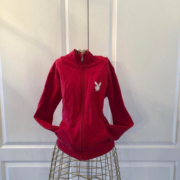 Y2k Red rhinestone Playboy zip-up sweatshirt size Large - Picture 1 of 4